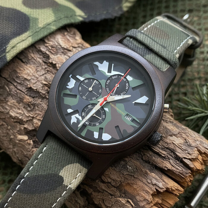 Zegarek drewniany w stylu militarnym, moro