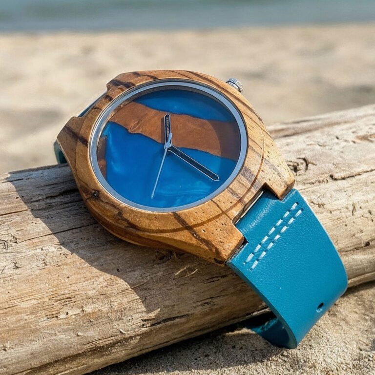 zegarek drewniany z turkusowym paskiem